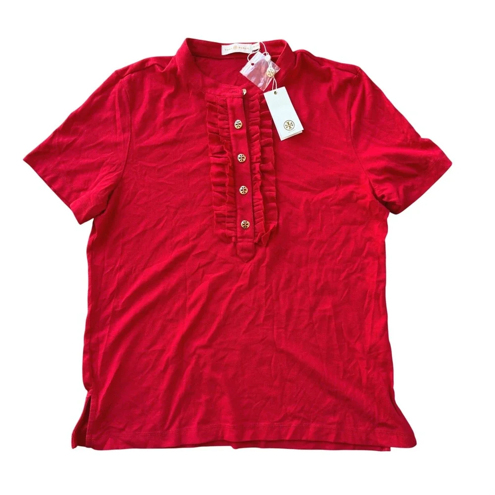 NWT Tory Burch Romilly Red Ruffle Logo Button Short Sleeve Pima Cotton Top XL